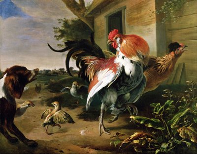 Drůbež a španěl na hospodářském dvoře od Melchior de Hondecoeter