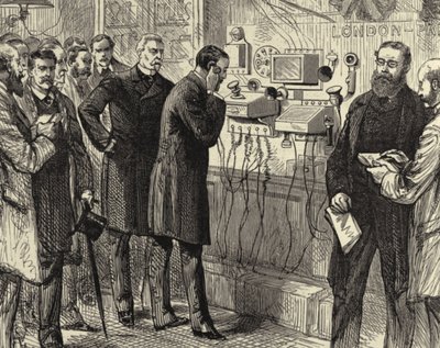 Otevření anglo-anglické telefonní linky. První telefonický rozhovor mezi Londýnem a Paříží na londýnské všeobecné poště. Na londýnské straně byly použity Bellovy přístroje. Dřevoryt Paříž 28. března 1891. Rytina. od Melton (after) Prior