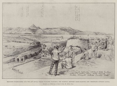 Seaforth Highlanders a 23rd Royal Welsh Fusiliers sledující boje mezi Bashi-Bazouky a křesťany mimo Candia od Melton Prior