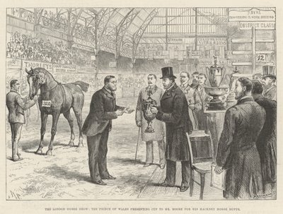 London Horse Show, princ z Walesu předává pohár panu Mooreovi za jeho Hackney Horse Rufus od Melton Prior