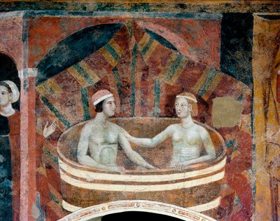 Scéna manželského života ve středověku. Pár si dělá záchod v koši. Detail. (freska, počátek 14. stol.) od Memmo di Filippuccio