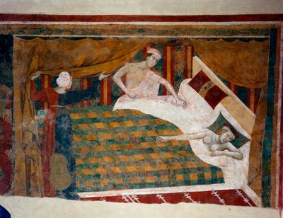 Scéna manželského života ve středověku. Muž se připojí ke své ženě spící nahá v posteli. Detail. (freska, počátek 14. stol.) od Memmo di Filippuccio