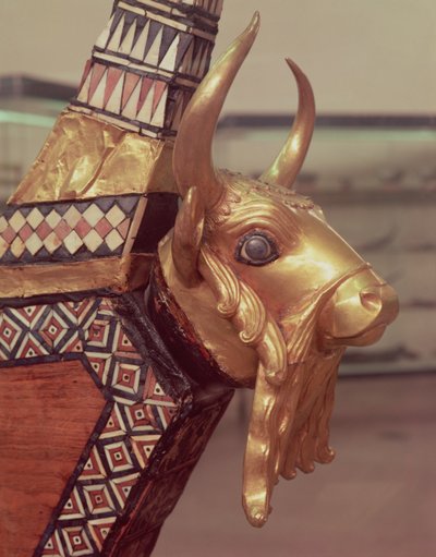 Hlava býka, dekorace z harfy, 2800-2300 př.nl (zlacené dřevo) (viz 199559) od Mesopotamian