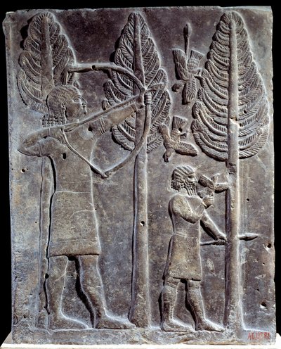 Scéna lovu ptáků. Nízký reliéf v albastru od paláce Sargona II nebo Sharroukina, krále Asýrie, po Khorsabad (Khunsabad) (Mezopotámie), Irák. 722-705 před naším letopočtem. Paříž. muzeum Louvre od Mesopotamian Mesopotamian