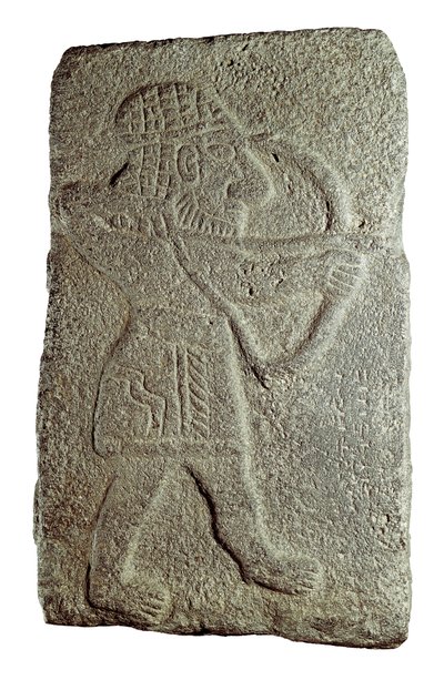 Chetitský lukostřelec, z paláce Kapara, krále Guzany, v Tell Halaf (Sýrie), 9. století před naším letopočtem (nízký reliéf na kameni) od Mesopotamian Mesopotamian