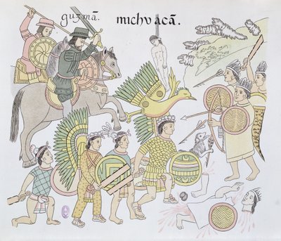 Bitva o Michoacan mezi Španěly a Aztéky, ilustrace z faksimile obrazové historie mexických indiánů Lienzo de Tlaxcala z roku 1550, 1892 od Mexican School