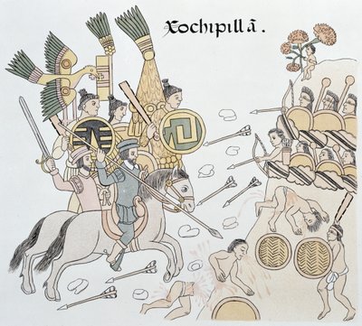 Bitva u Xochipilla mezi Španěly a Aztéky, ilustrace z faksimile obrazové historie mexických indiánů Lienzo de Tlaxcala z roku 1550, 1892 od Mexican School