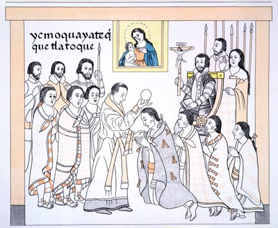Caciques přijímající od kněze v domě Hernanda Cortése (1485-1547), ilustrace z faksimile mexické indiánské obrazové historie Lienzo de Tlaxcala z doby kolem roku 1550, 1892 (barevné lit.) od Mexican School