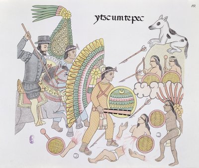 Hernando Cortes (1485-1547), obléhaný v Tenochtitlánu, se rozhoduje opustit město, ilustrace z faksimile mexické indiánské obrazové historie Lienzo de Tlaxcala z roku 1550, 1892 (barevná litografie). od Mexican School