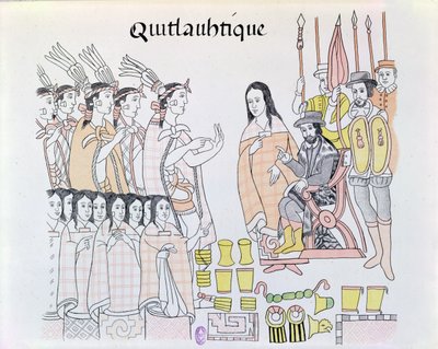 La Malinche (Dona Marina) jako tlumočnice při předávání žen a zlata Montezumou (1466-1520) Hernandu Cortesovi (1485-1547) Ilustrace z faksimile mexického indiánského obrázku. od Mexican School