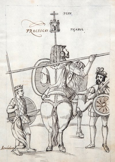 MS Hunter 242 f.248r Picarus neboli Pizarro a válečný kůň, ilustrace z Historia de Tlaxcala od Diega Munoze Camarga od Mexican School
