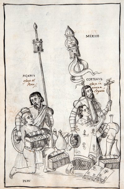 MS Hunter 242 f.248v Picarus (Pizarro) představuje Peru a Cortesius (Cortes) Nueva Espana, ilustrace z Historia de Tlaxcala od Diega Munoze Camarga od Mexican School