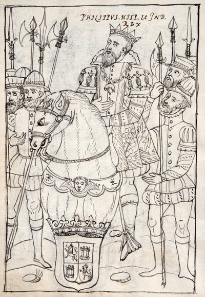 MS Hunter 242 f.249v Philip II sedí na koni, nosí řád Zlatého rouna, obklopený ozbrojenci, ilustrace z Historia de Tlaxcala od Diega Munoze Camarga (pero a inkoust od Mexican School