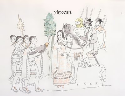 Setkání Hernanda Cortese (1485-1547) a Aztéků, ilustrace z faksimile mexické indiánské obrazové historie Lienzo de Tlaxcala z roku 1550, 1892 od Mexican School