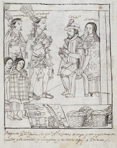 Montezuma se setkává s Cortez Ms Hunter 242 f.255r Conquest of Mexico, z Historia de Tlaxcala od Diega Munoze Camarga od Mexican School