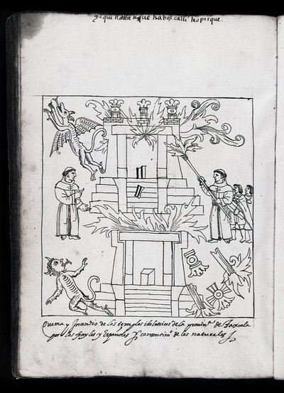 Ms Hunter 242 f.240v Františkáni hořící chrámy, ilustrace z Historia de Tlaxcala od Diega Munoze Camarga od Mexican School