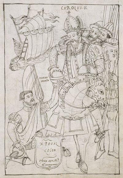 Ms Hunter 242 f.249r Christopher Columbus (1451-1506) Symbolicky nabízí Karlu V. (1500-08) Nový svět z Historia de Tlaxcala od Diega Munoze Camarga od Mexican School