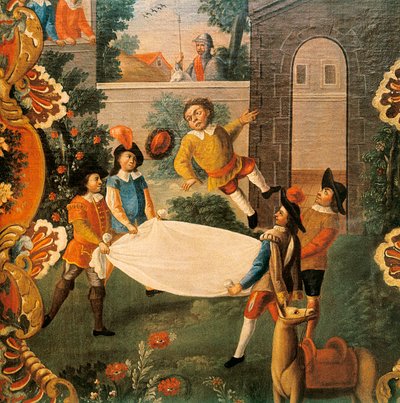 Scéna z Dona Quijota z kanálu La Manche (El ingenioso Hidalgo Don Quijote de la Mancha) od Miguela de Cervantese (1547-1616) 18. století (malba) od Mexican School