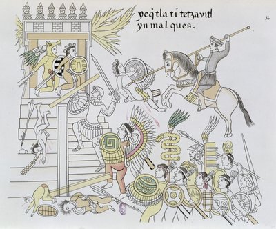 The Burning of the Idols od Hernana Cortese, ilustrace z faksimile dějin mexických indiánů Lienzo de Tlaxcala z roku 1550, 1892 (barevná rytina) od Mexican School