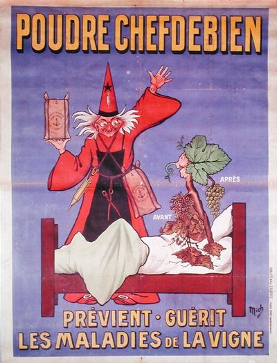 Plakát s reklamou „La Poudre Chefdebien“ k prevenci a léčbě nemocí vinné révy od Mich