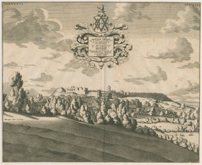 Hrad Tutbury – pohled do dálky: mědirytina, nd [c 1686] od Michael Burghers