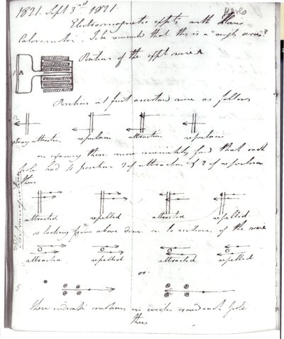 Strana 72 z Faradayova zápisníku o pokusu s rotací proudu, 3. září 1821. od Michael Faraday