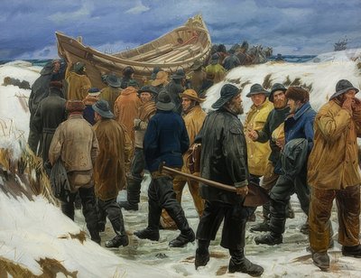 Záchranný člun je řízen přes duny. 1883 od Michael Peter Ancher