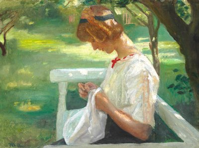Ella Saxildová šije v letním dni na zahradě. od Michael Peter Ancher