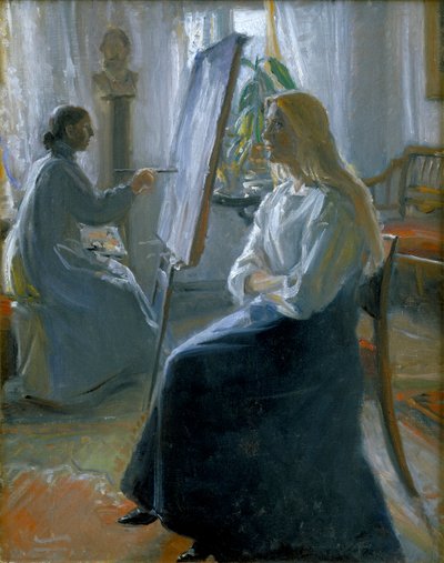Ve studiu Anna Ancher, umělecká manželka Malba, konec 19.-začátek 20. století. od Michael Peter Ancher