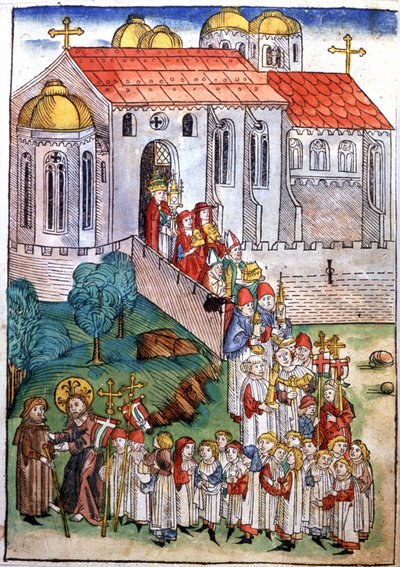 Pouť v Saint James of Compostelle, rytina, konec 15. století od Michael Wohlgemuth