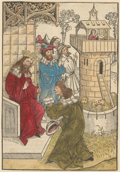 Ein Fürst kniet vor König Darius und der betende Daniel über der Löwengrube od Michael Wolgemut