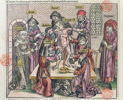 Umučení Šimona v Tridentu, podle dřevorytu v "Liber Chronicarum Mundi", vydáno v Norimberku, 1493 od Michael Wolgemut