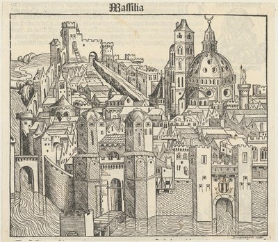 Phantasieansicht der Stadt Marseille [recto], drei Porträts (Phereades, Pythagoras und Sappho) [verso] od Michael Wolgemut
