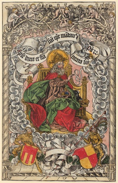 Titelholzschnitt mit Gottvater auf dem himmlischen Thron, die Hand segnend erhoben od Michael Wolgemut