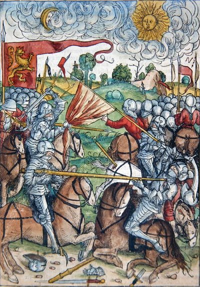 Bitva u Gibeonu a nehybné slunce a měsíc na žádost Jozue, z knihy „Le tresor, ou recipient de la vraie richesse du salut de la beatitude eternelle“ od Kobergera, vydaného v Norimberku od Michael Wolgemut or Wolgemuth