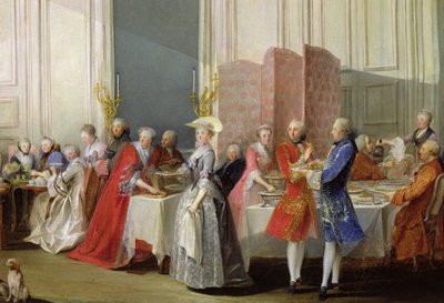 Anglický čaj v Salon des Quatre Glaces v Domě prince de Conti (1717-76) Palais du Temple, detail hostů, 1766 od Michel Barthelemy Ollivier or Olivier