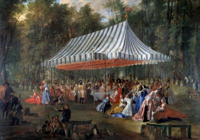Slavnost pořádaná Louisem Francoisem Josephem de Bourbon, princem z Conti, dědičnému princi Charlesi Guillaume Ferdinandovi Brunswick Luebourg (1735-1806), pod stanem, v lese Cassan, na Isle Adam v roce 1766 Banket v parku. Obraz Michel Ba od Michel Barthelemy Ollivier or Olivier