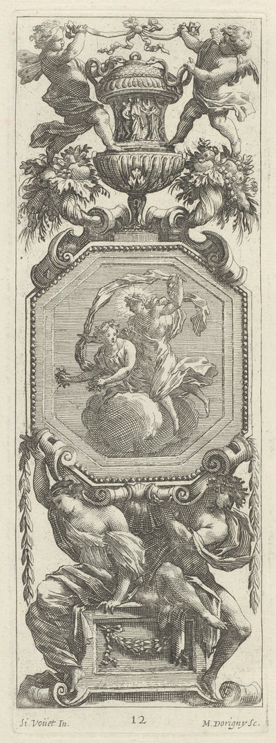 Okrasný panel převýšený dvěma putti a vázou od Michel Dorigny, after Simon Vouet