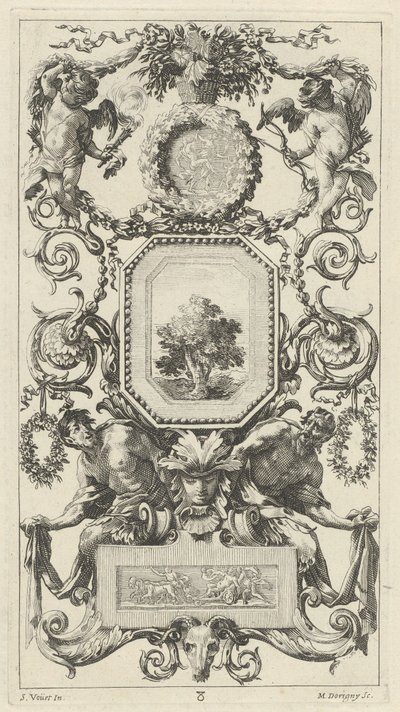 Okrasný panel převýšený košem květin s Cupidem a panenskou blánou od Michel Dorigny, after Simon Vouet