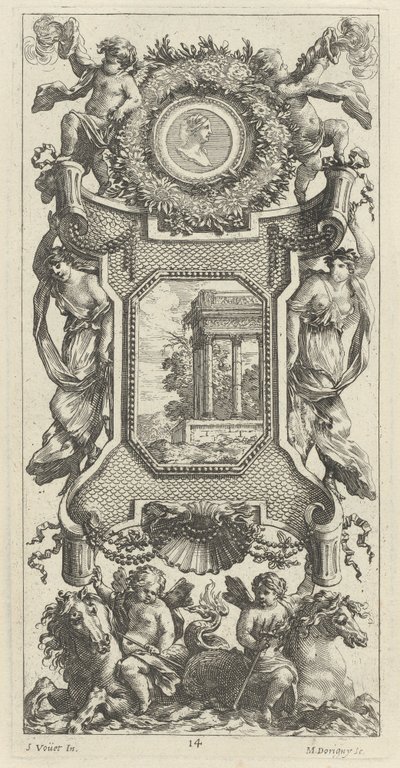 Ozdobný panel převýšený bustou ženy a dvěma putti s planoucími trubkami od Michel Dorigny, after Simon Vouet