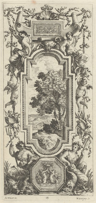 Okrasný panel převýšený námořní scénou a mušlí od Michel Dorigny, after Simon Vouet