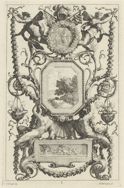 Ozdobný panel převýšený medailonem s obětí od Michel Dorigny, after Simon Vouet