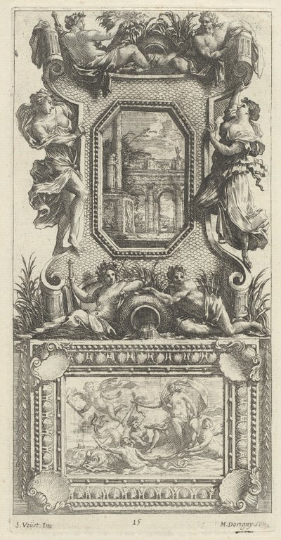 Okrasný panel převýšený Naiadou a říčním bohem od Michel Dorigny, after Simon Vouet