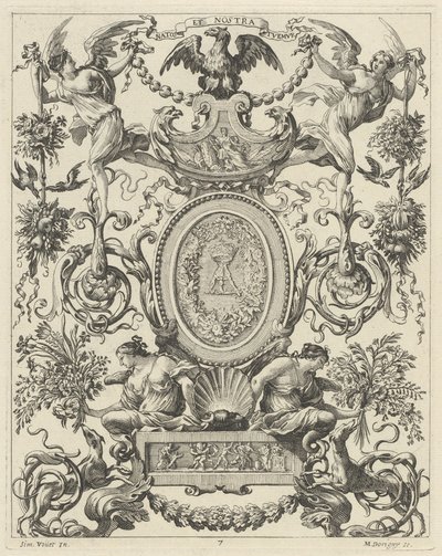 Okrasný panel převýšený orlem a heslem NATOS ET NOSTRA TUEMUR od Michel Dorigny, after Simon Vouet