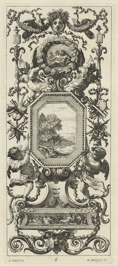 Ozdobný panel převýšený korunovanou hlavou ženy a dvěma pávy od Michel Dorigny, after Simon Vouet