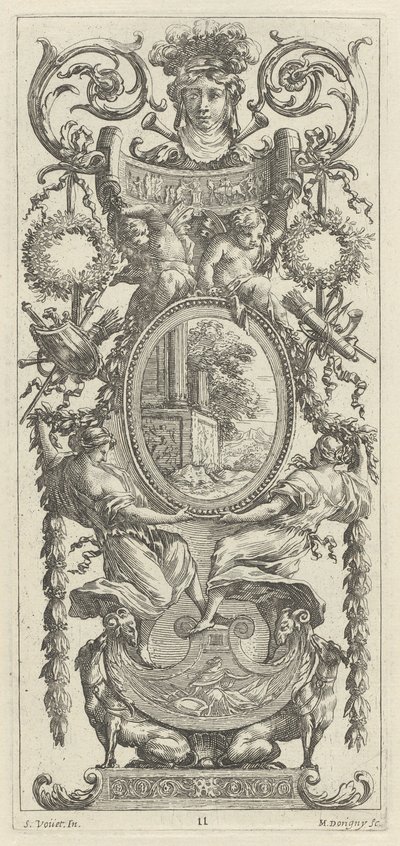 Okrasný panel s hlavou lemovanou listy od Michel Dorigny, after Simon Vouet