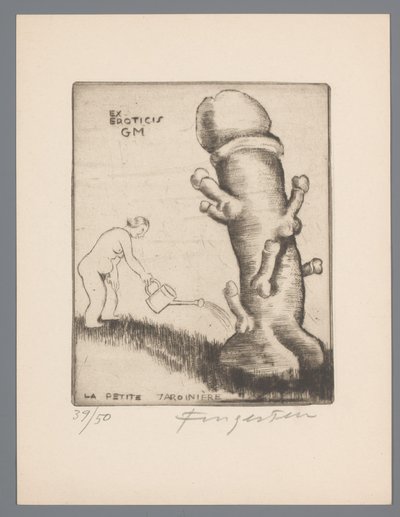 Ex libris van Gianni Mantero Ex eroticis GM (název na předmětu) La petite jardinière (název na objektu) od Michel Fingesten (signed by artist)