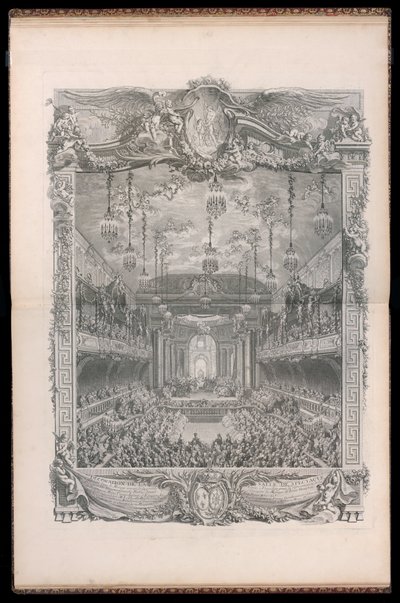 Výzdoba hlediště, postaveného v kryté jízdárně velké stáje ve Versailles, pro představení princezny z Navarry komediální balet, u příležitosti svatby Louise Dauphina z Francie s Marií Thérèse Infante d. od Michel de Bonneval