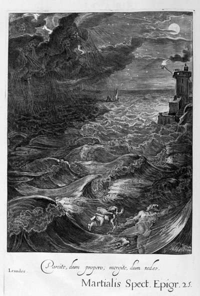 Leander plave přes Hellespont, aby potkal svou hrdinku paní, 1655 od Michel de Marolles