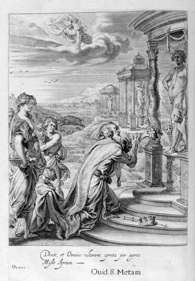 Oeneus, král Calydonu, který zanedbával Dianu při oběti, je potrestán za svou bezbožnost, 1655 od Michel de Marolles